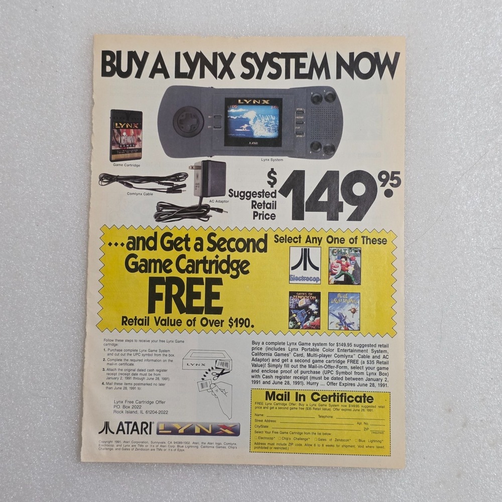 Vintage 1991 Atari Lynx Print Ad Retro Videogame System Magazine Clipping 8x10